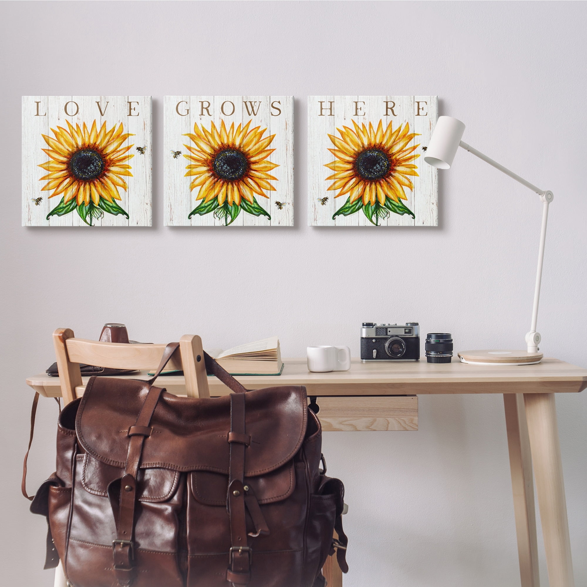 Stupell Industries Love Grows Here Phrase Yellow Sunflowers Honey Bees, 17 x 17,Design by Elizabeth Tyndall