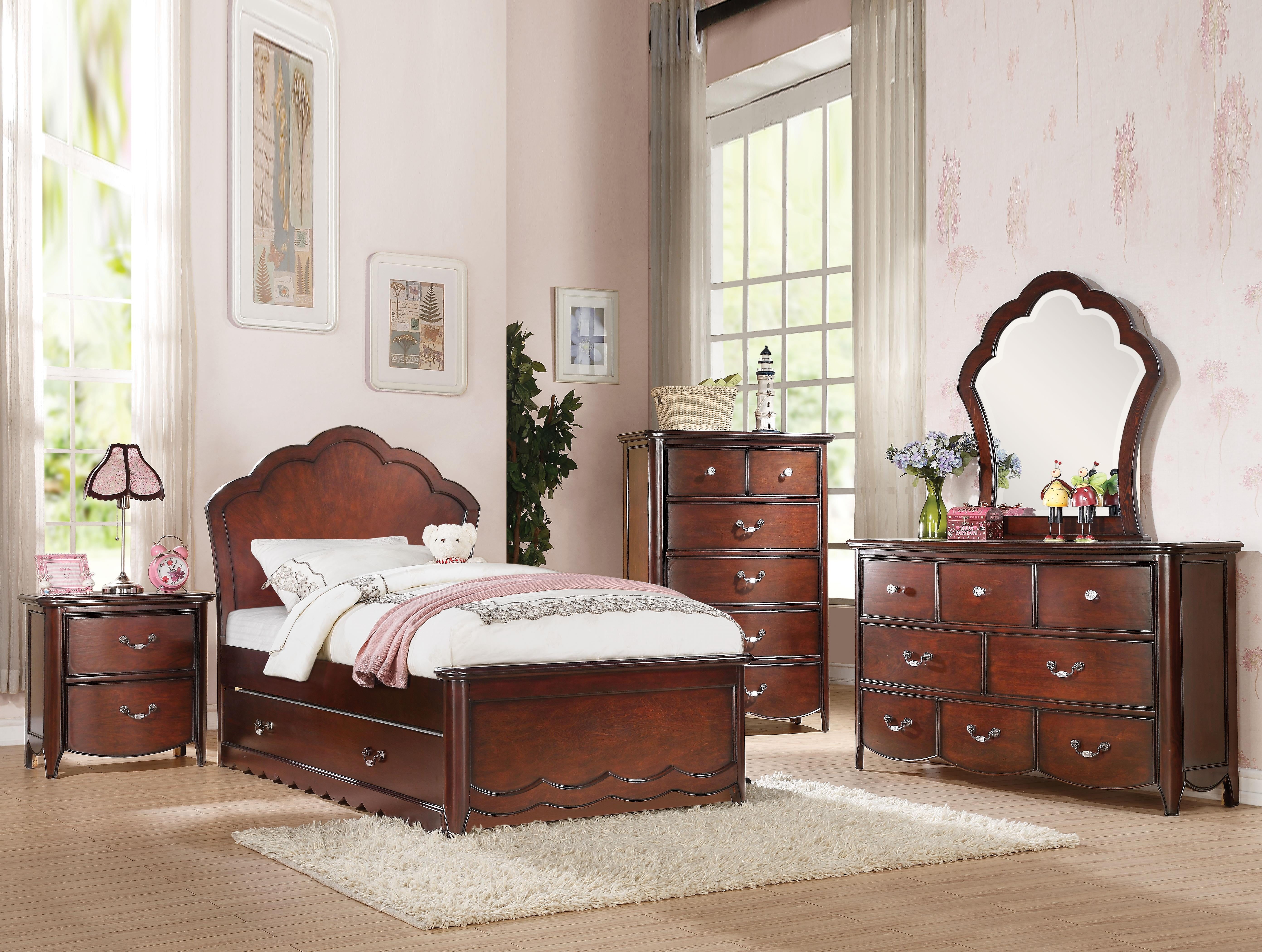 Acme Cecilie Twin Bed With Wooden Headboard In Cherry Multiple Sizes