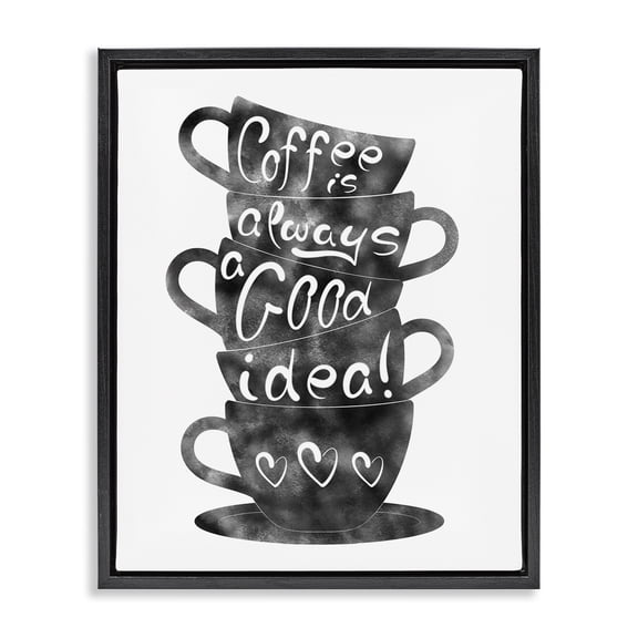 Stupell Industries Coffee Mugs Stacked & Phrase Food & Beverage Painting Black Floater Framed Canvas Art Print Wall Art, 17 x 21