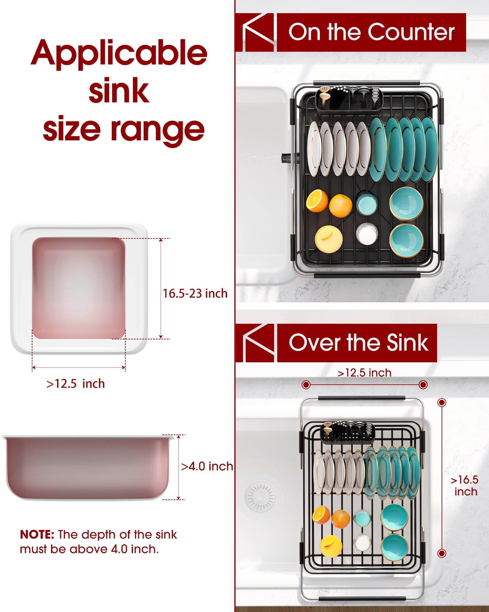 Sakugi Expandable Dish Drying Rack for Kitchen Counter, Stainless Steel Sink Organizer with Cutlery Holder, Space-Saving Dish Rack for Home and Apartment, 16" ~24"W x 12.6"D, Black