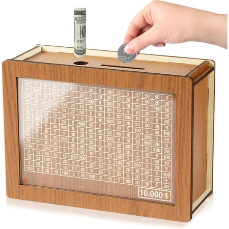 Luampo 10000 Savings Challenge Wooden Box, Money Vault Coin Bank