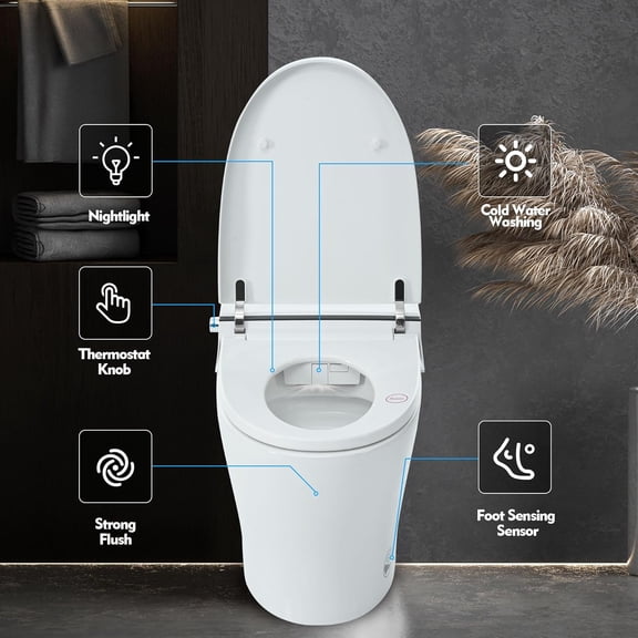 Acekid Smart Toilet with Bidet Built-In, Tankless Dual Flush Heated Seat, Self-Cleaning Nozzle Soft Close Glossy Finish, White