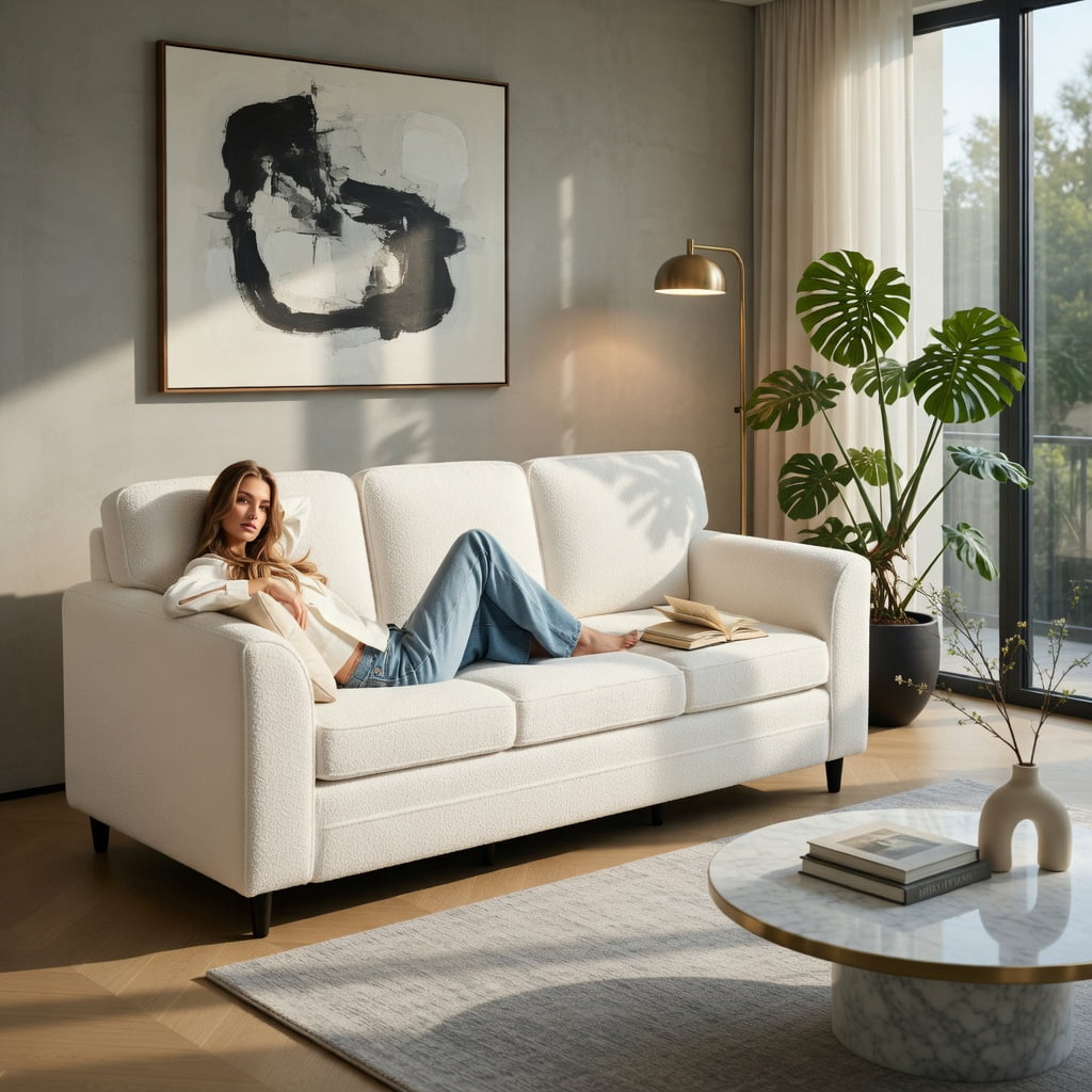 Hommoo Teddy Velvet 3-Seater Sofa, Plush Upholstered Living Room Couch with Ergonomic Back Support, Machine-Washable Cushion Covers, Rubber Wood & Metal Frame, White