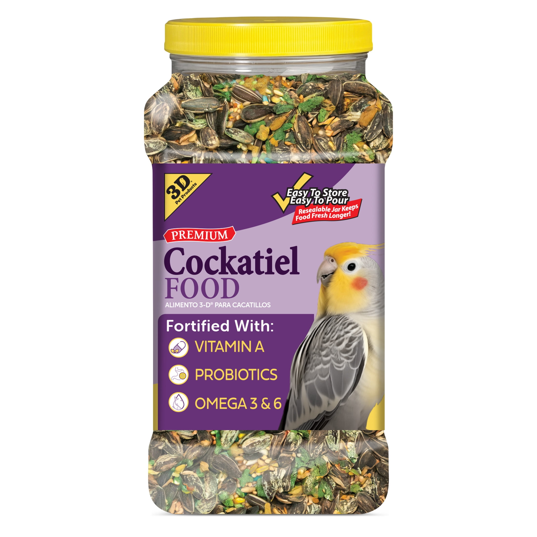 (3 pack) 3-D Pet Products Premium Cockatiel Bird Food Seeds, with Probiotics, 4.5 lb. Stay Fresh Jar