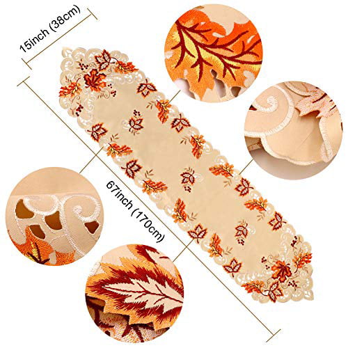 Grelucgo Elegant Thanksgiving Holiday Table Runner 15 by 90 Inch Embroidered Maple Leaves Fall Autumn Decorations 