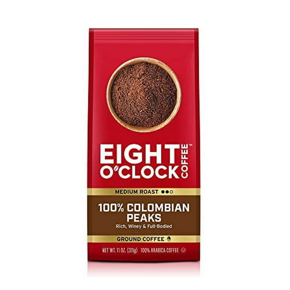 Eight O'Clock Coffee 100% Colombian Peaks Ground Coffee, Medium Roast, 11 Ounce (Pack of 6) - Rich, Winey & Full Bodied