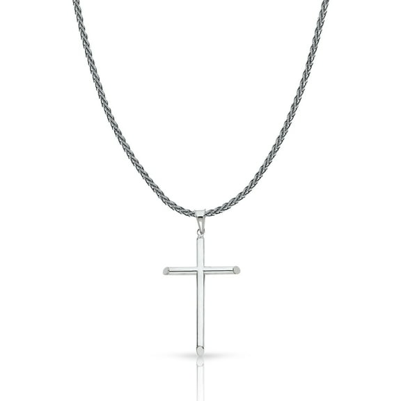 14K White Solid Gold Classic Cross Charm Pendant with 1.4mm Round Wheat Chain Necklace