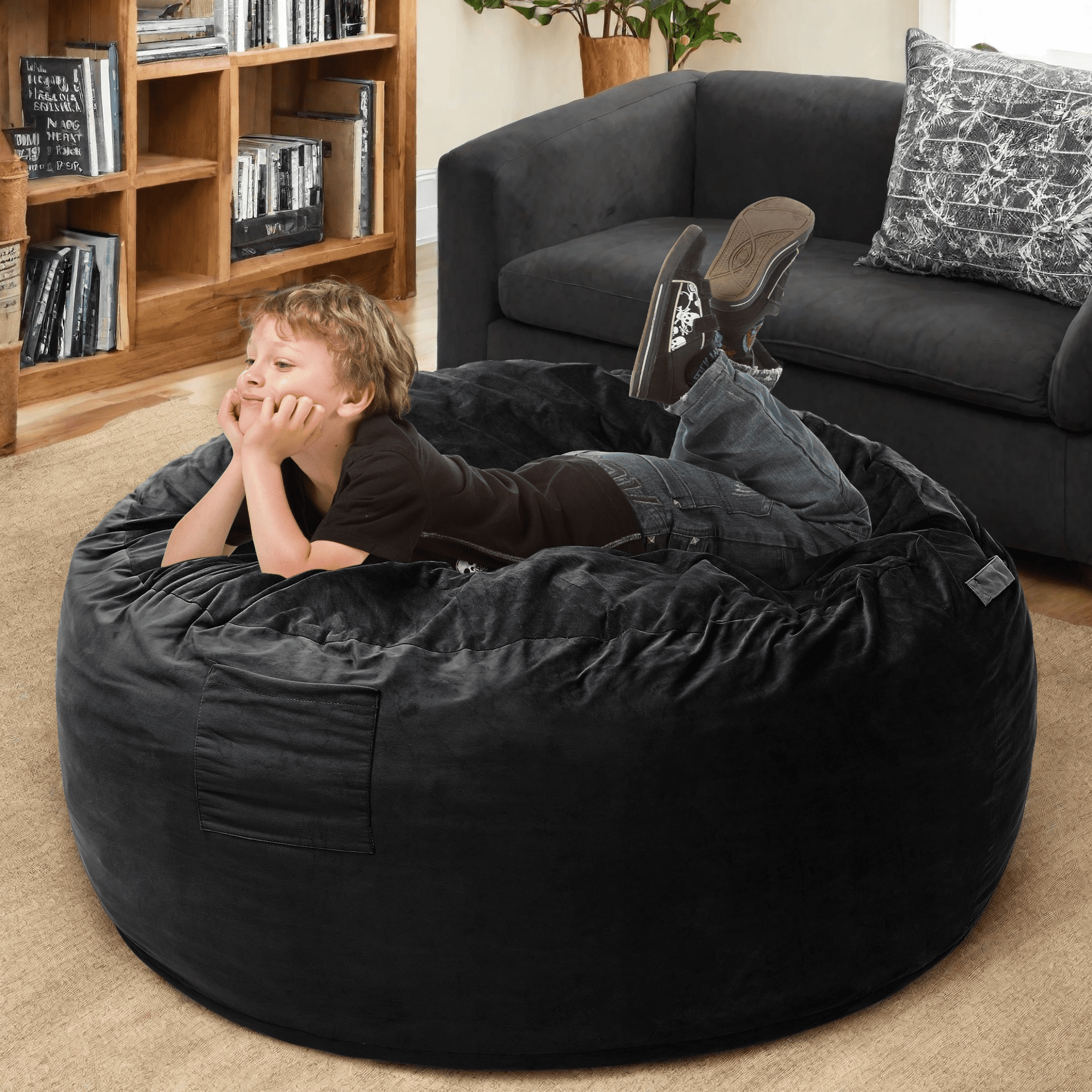 Melocadol 3.5ft Bean Bag Chair for Adults Kids, Premium Memory Foam, Washable Suede Fabric, Sturdy Zipper, Comfy Chair for Home, Den, Dorm, Black