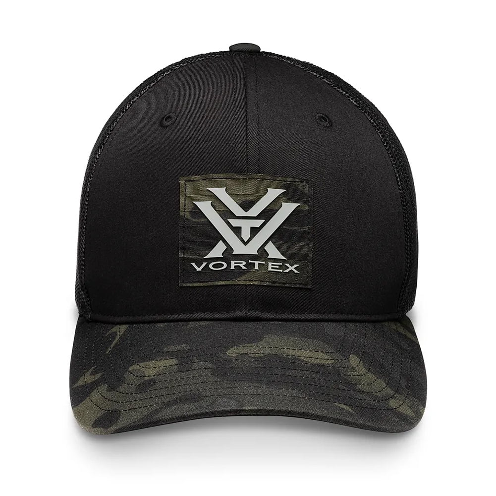 VORTEX Logo Snap Back Black Camo Hat with Mesh Panels and Pre