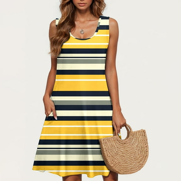 LYEAA Womens Dresses Sleeveless with Pockets Casual Plus Size Elegant Loose Midi Sundress Crewneck Striped Fashion Flowy Summer Beach Vacation Comfortable Tank Dress Yellow M