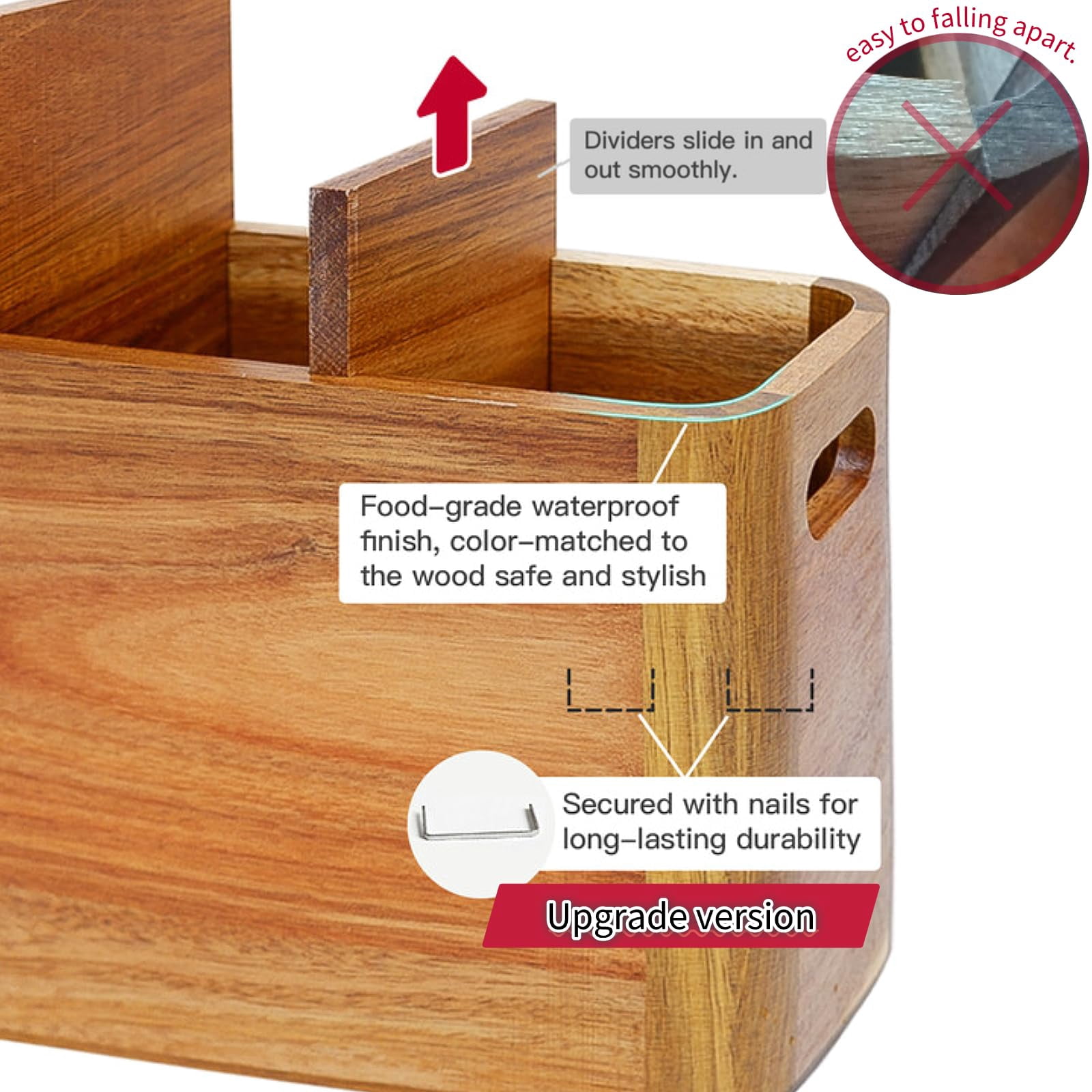 Wooden Utensil Holder for Counter or Countertop, Large Wooden Utensil Holder for Storage Cooking and Silverware with 4 Compartment, Acacia Rustic Wood Container Extra Large