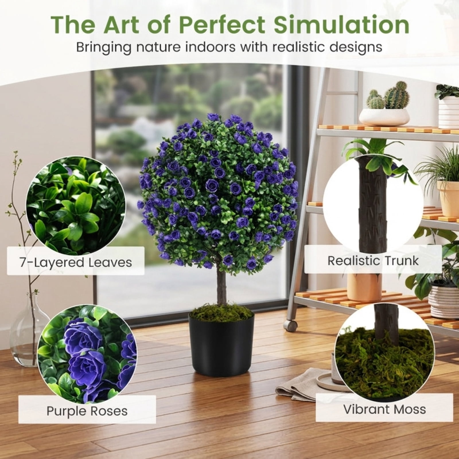 Vebreda Artificial Plant Decor, 22 Inch Set of 2 Artificial Purple Rose Topiary Ball Trees with Cement-Filled Pot, Lifelike Design