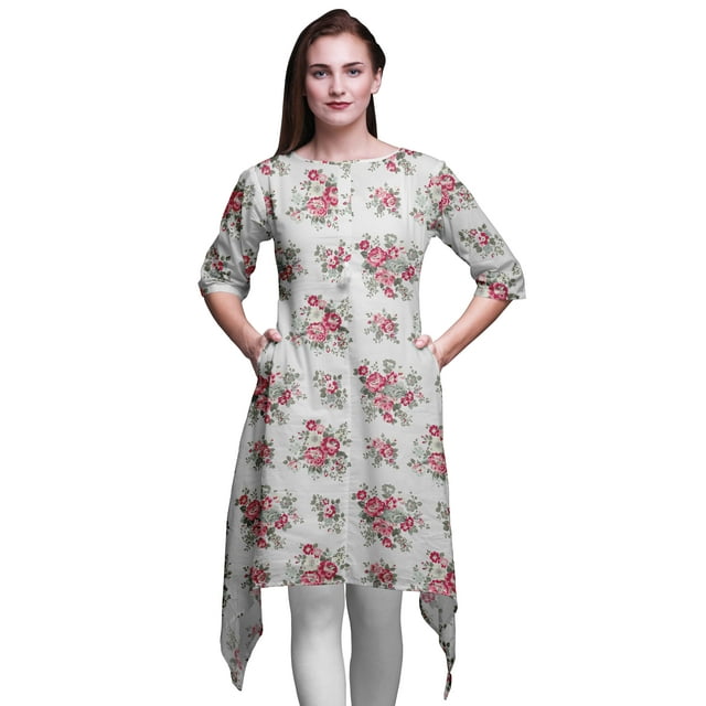 Bimba Kurti Asymétrique à Imprimé Floral Feuilles Blanches et Bégonias pour Femmes Robe d'Été Indienne Tunique Moyen