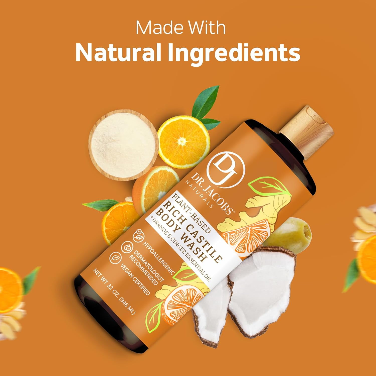 Dr Jacobs Naturals Castile Soap Body Wash Plant Based Liquid Soap, Orange & Ginger 32 Oz 2-Pack