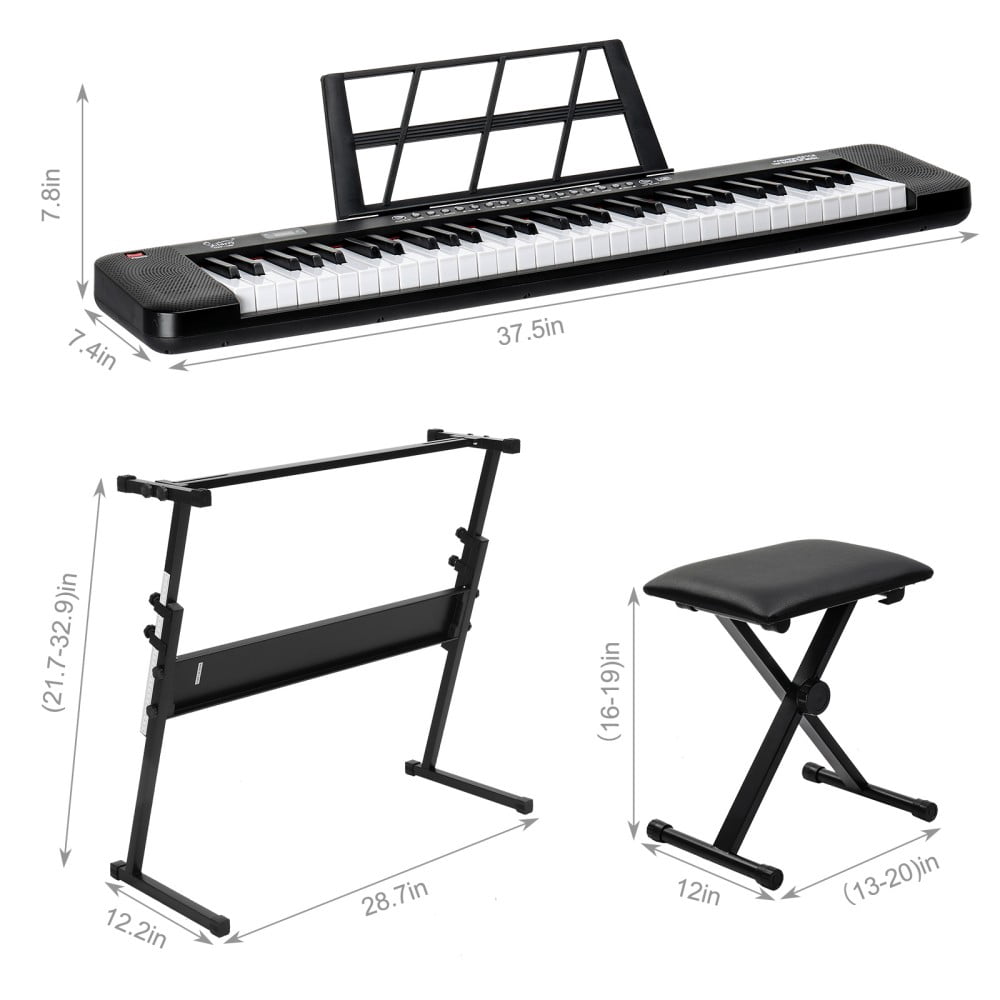 61 Key Keyboard Piano with Stand & Bench Kit, Stand, Lighting Digital Piano with LED Screen, Built-In Speakers, Headphones, Microphone, 3 Teaching Modes for Beginners (Black)