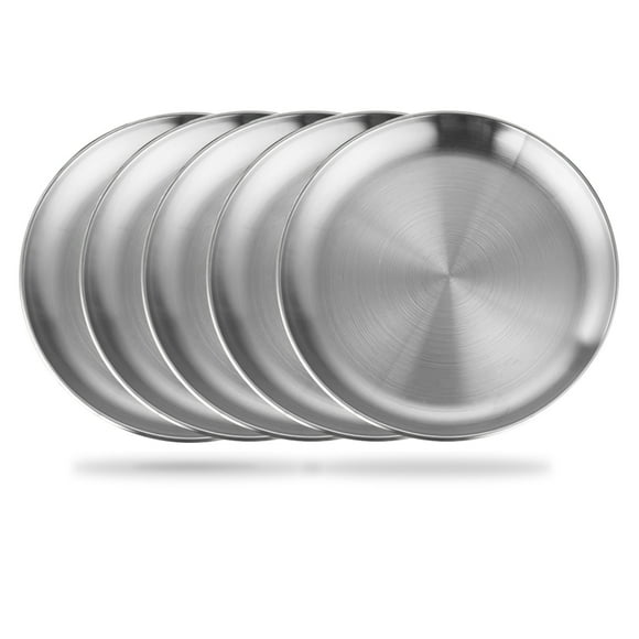 5 Pieces 8 Inch Stainless Steel Round Plate, Metal Camping Plates, Stainless Steel Plates, Reusable Metal Dinner Plates for Outdoor Picnic Camping