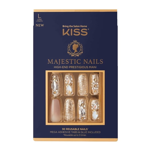 KISS Majestic Fake Nails, My Crown, High-End Gel Nails, 30 Reusable Long Length Coffin Shaped Glue-On & Press-On Jeweled Accent Glue On Nails