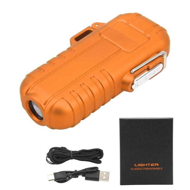 Encendedor eléctrico de doble arco para exteriores, linterna portátil resistente al agua, encendedor de carga por pulsos, encendedor a prueba de viento, color naranja