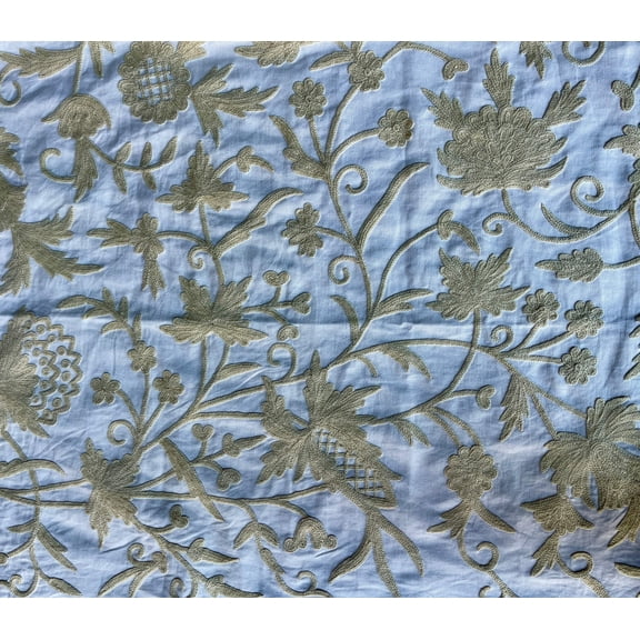 Cotton Crewel Hand Embroidered Fabric – Kashmir Crewel, Beige on White, Wool Embroidery, 60 Inch Wide, 1/2 Yard Cut, Artisan Home Decor Fabric