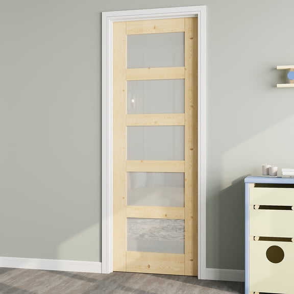24" x 80" 5 Panel Frosted Glass Pine Wood Interior Door Slab, Solid Door Panel as Barn Door, French Door, Prehung Door-as Panty Door, Closet Door, Unfinished Knotty Natural Wood & Ready-to-Stain