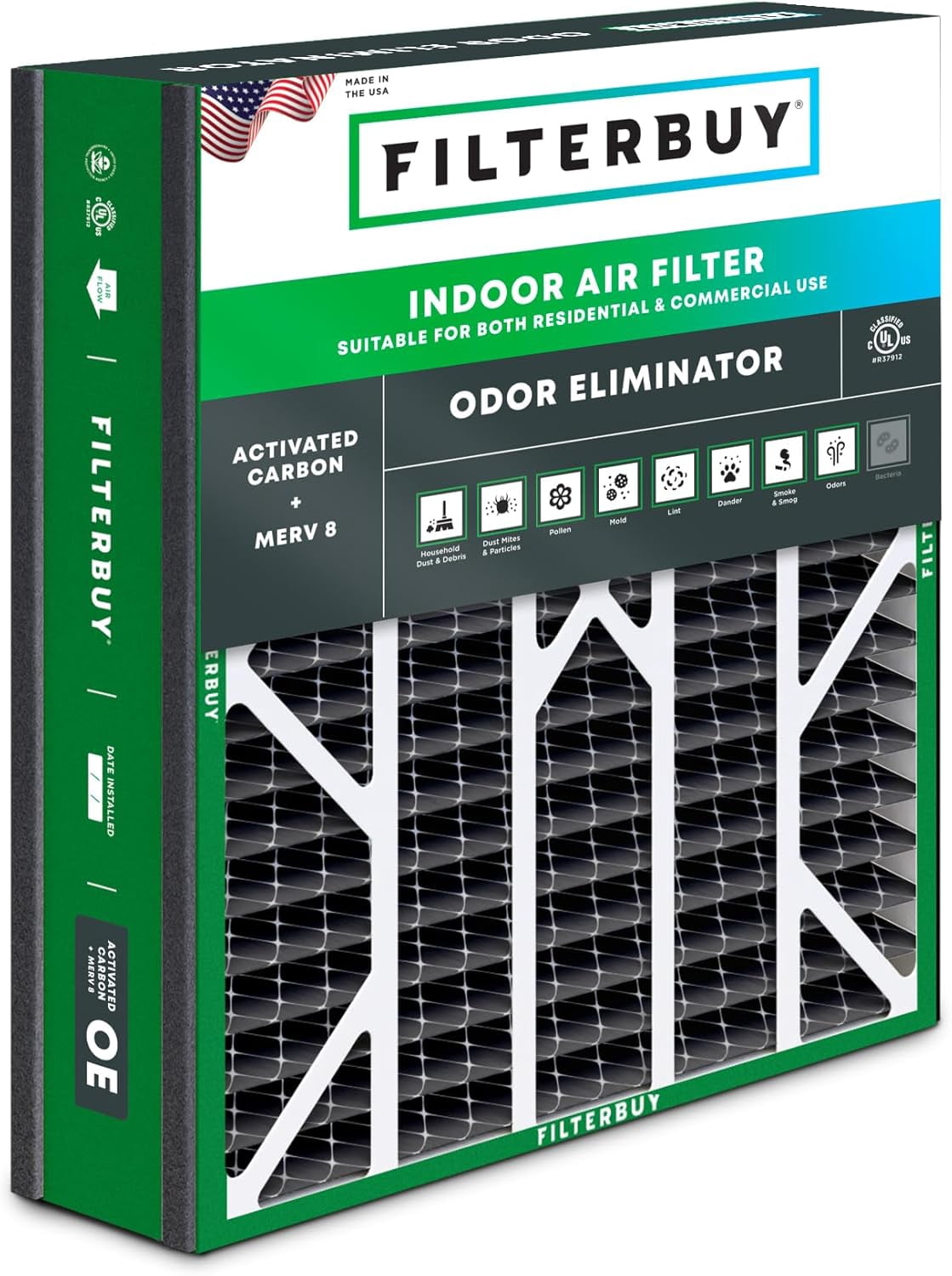 Filterbuy 20x25x5 MERV 8 Air Filter With Carbon (2-Pack) - Odor & Allergy Defense For HVAC, Actual Size 19.63x24.13