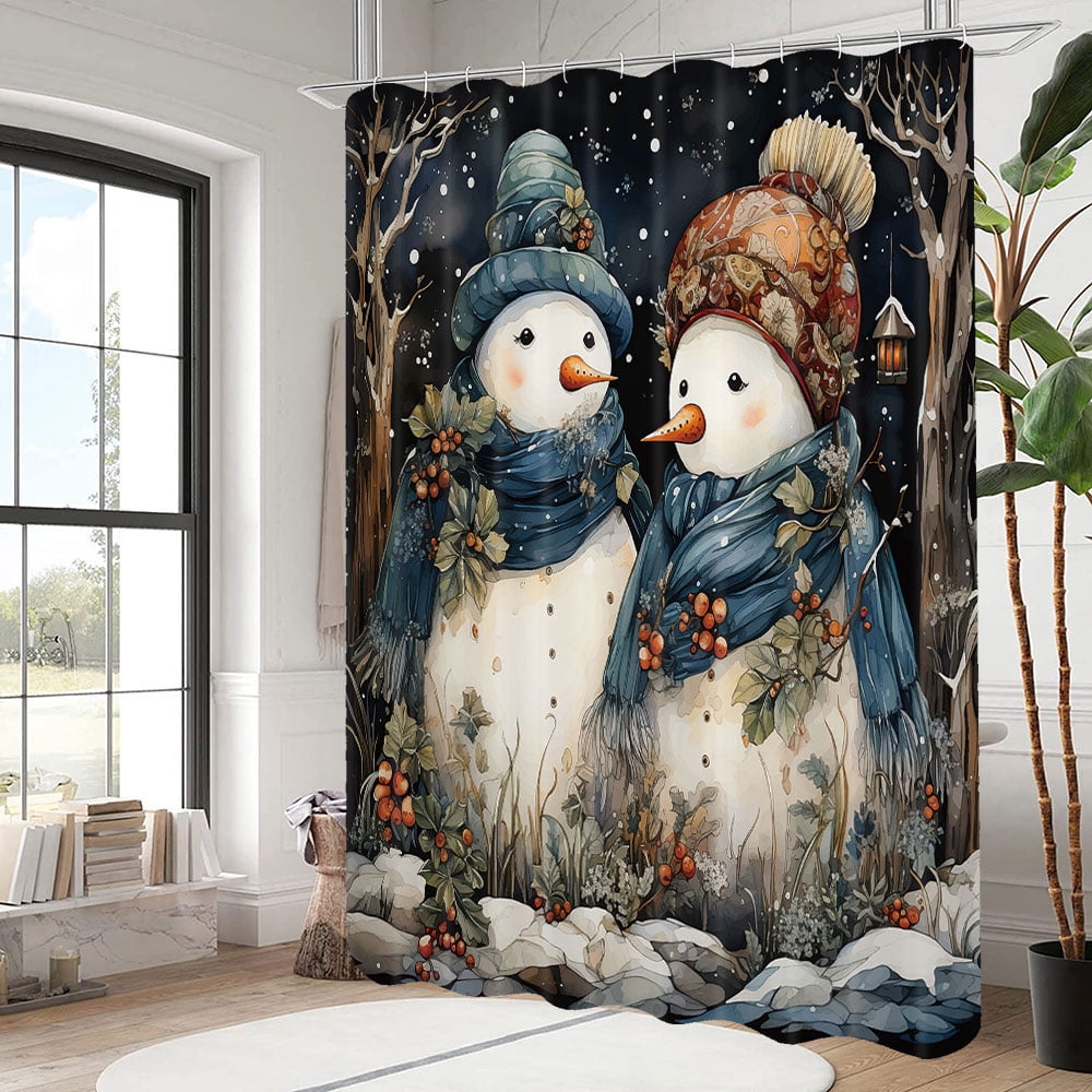Merry Christmas Fabric Shower Curtain, Winter Snowman Shower Curtain Sets with Hooks, Xmas Snowman in Snowy Forest Waterproof Bathroom Accessories Decor 70X70in