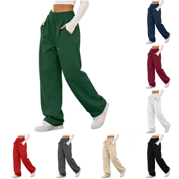 Hilzaten Elastic Waist Sweatpants for Women Drawstring Outdoor Casual Sport Loose Baggy Straight Leg Solid Color Pockets Sweatpants for Women