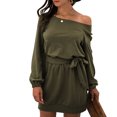 thumbnail image 3 of Vestido tipo jersey de manga larga, vestido tipo túnica holgado de gran tamaño con cuello en V y manga larga para mujer, vestido con cinturón de un solo hombro, eficiencia óptima, 3 of 6