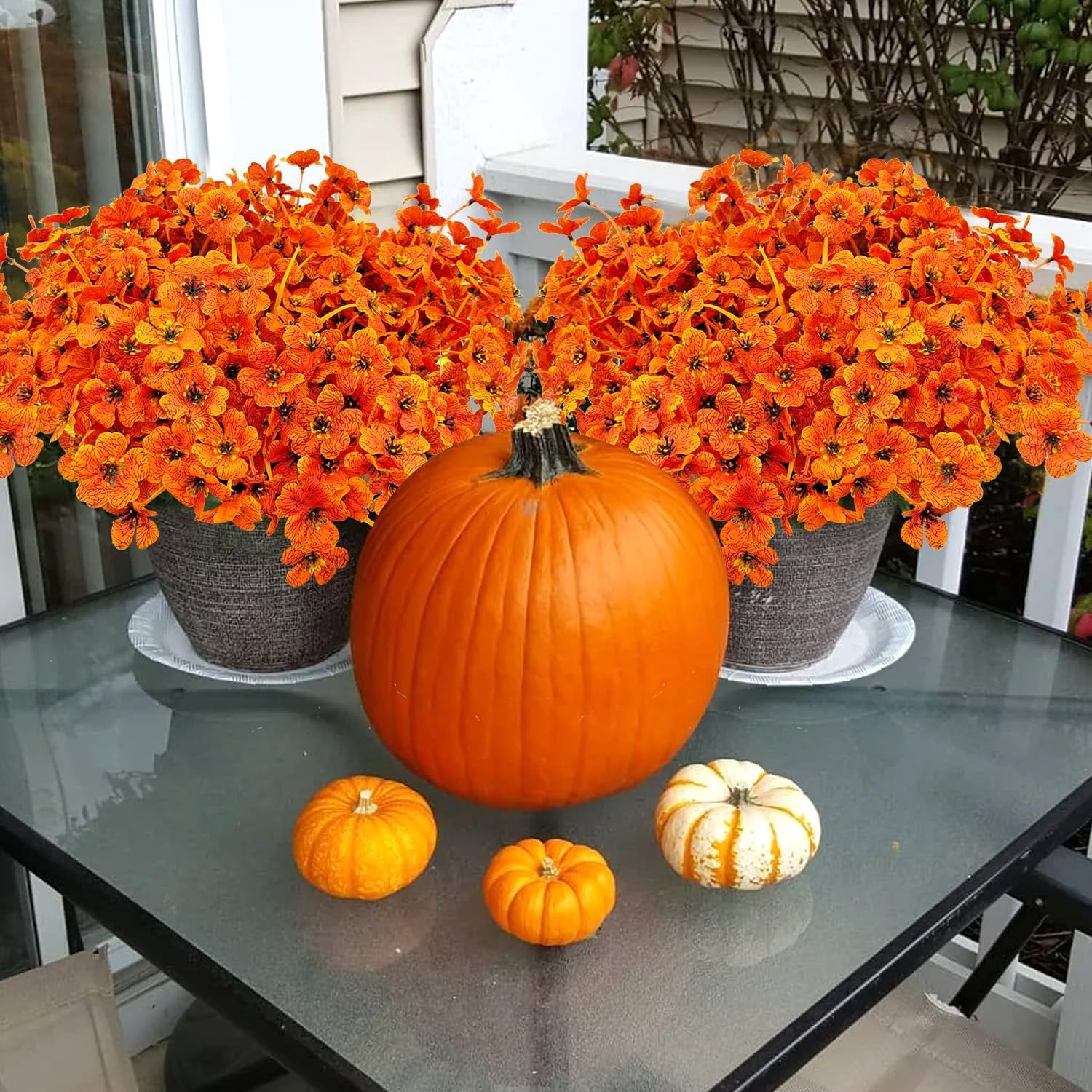 10 Bundles Artificial Fall Flowers for Outdoors UV Resistant Fake Mums Silk Faux Flower Plastic Plants for Outside Front Porch Potted Planter Baskets Home Indoor Decorations (Fall Color)