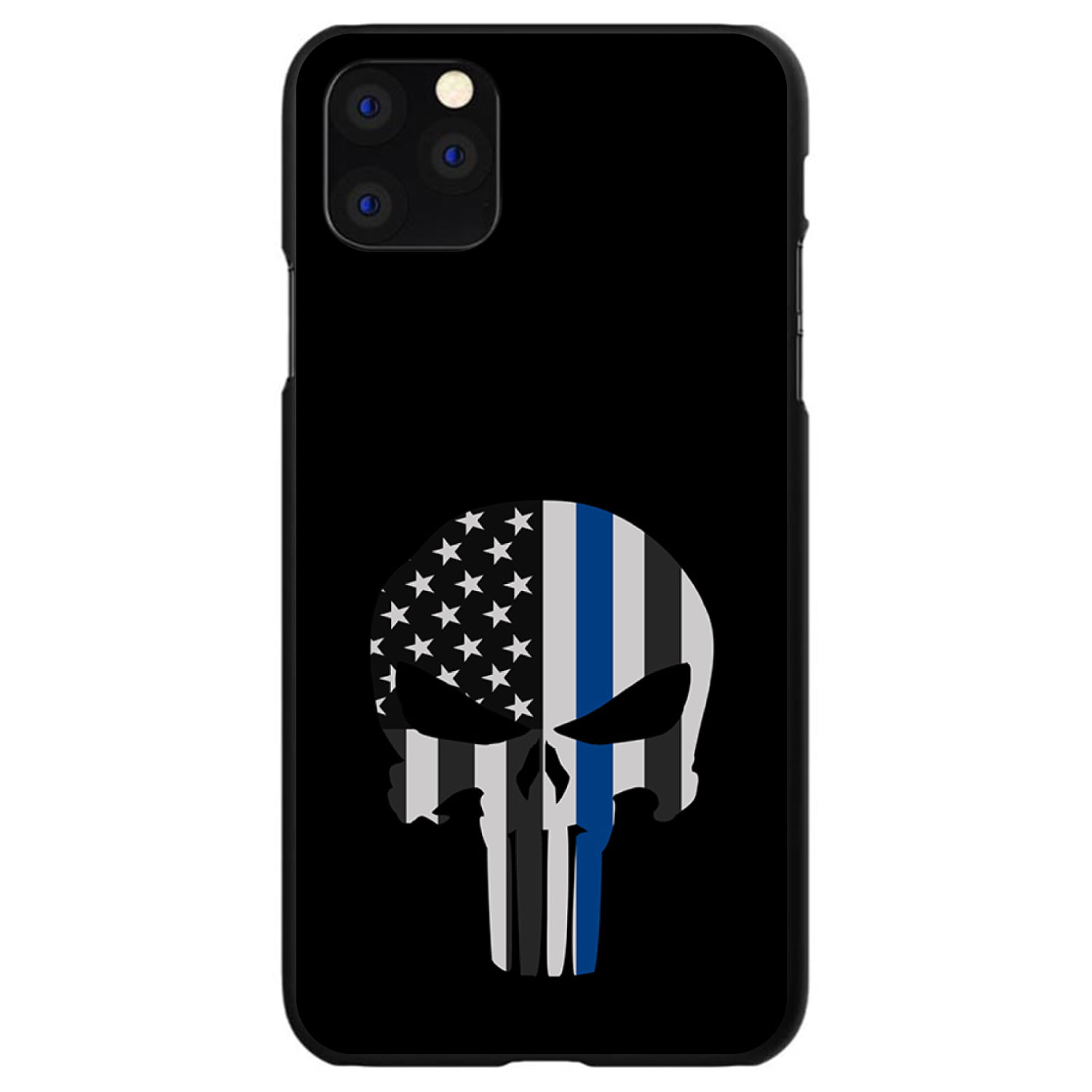 DistinctInk Case for iPhone 12 MINI (5.4" Screen) - Custom Ultra Slim Thin Hard Black Plastic Cover - Thin Blue Line Skull - Support for First Responders
