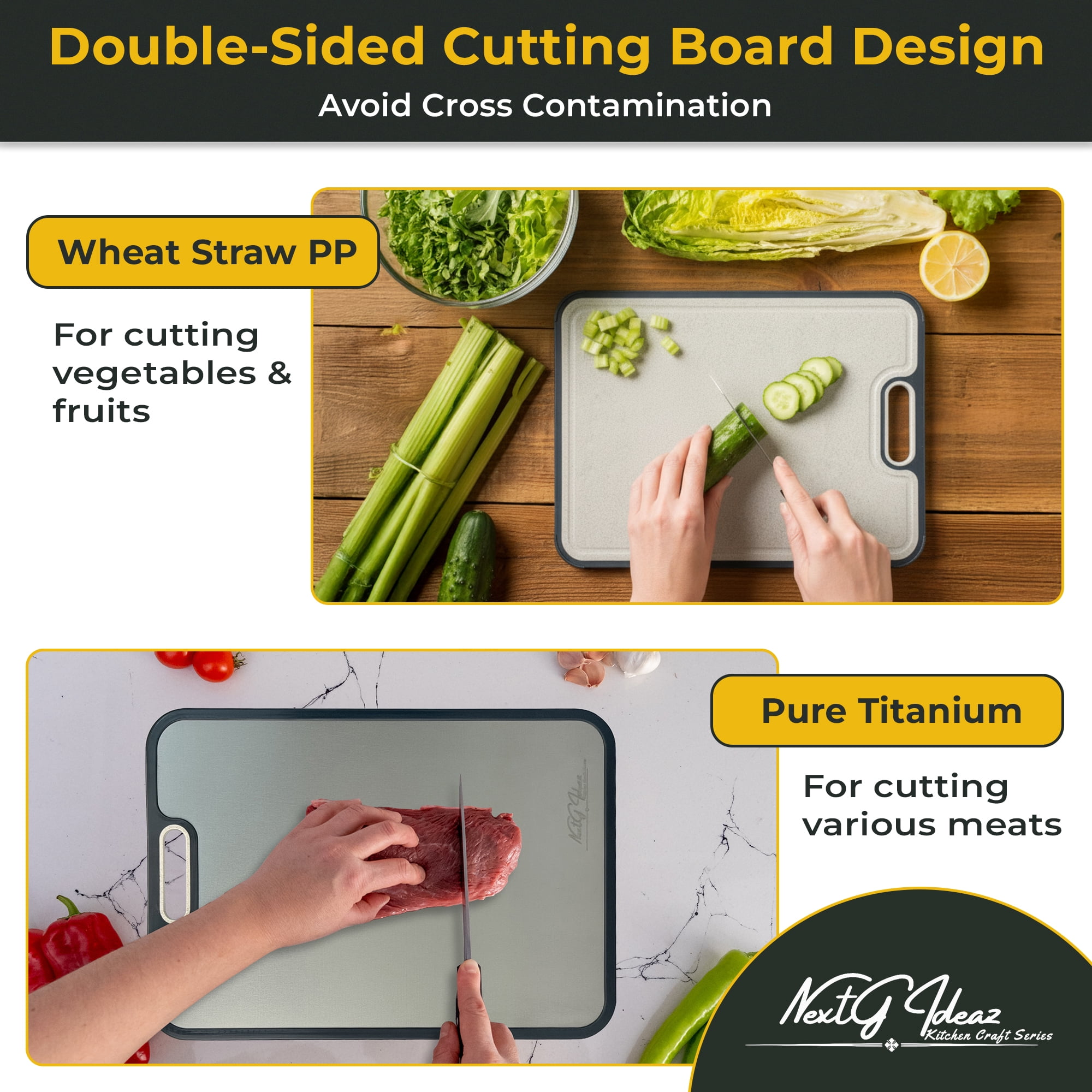 NextG Ideaz Double-Sided Cutting Board, 15x10in, Pure Titanium & Wheat Straw PP