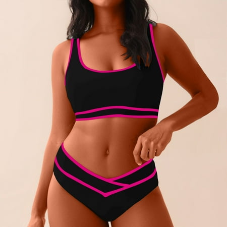 BSDJILFG High Waisted Bikini Sets for Women Clearance Push Up Color Blocked Bikini Bra with Soft Padding Cross V-Waist Hipster Swimwear Bottom