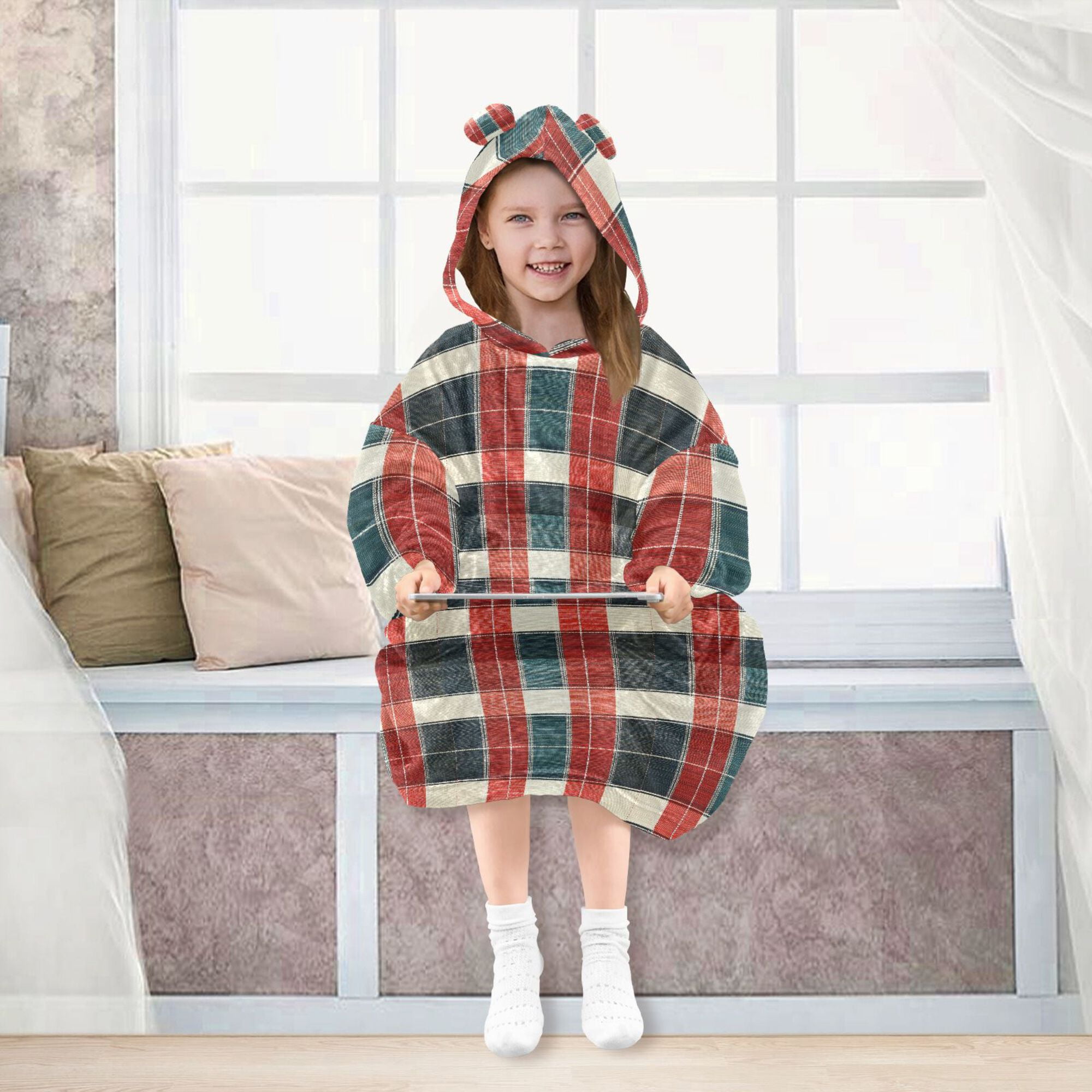 FORMRS Wearable Blanket Hoodie with Sleeves for Kids Cozy Flannel Sweatshirt, Vibrant Red Tartan Pattern