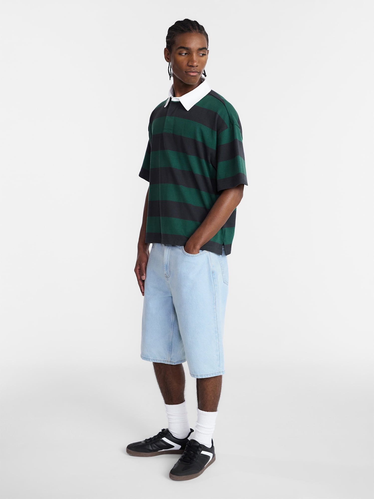 No Boundaries Striped Rugby Shirt with Short Sleeves, Men's XS-5XL