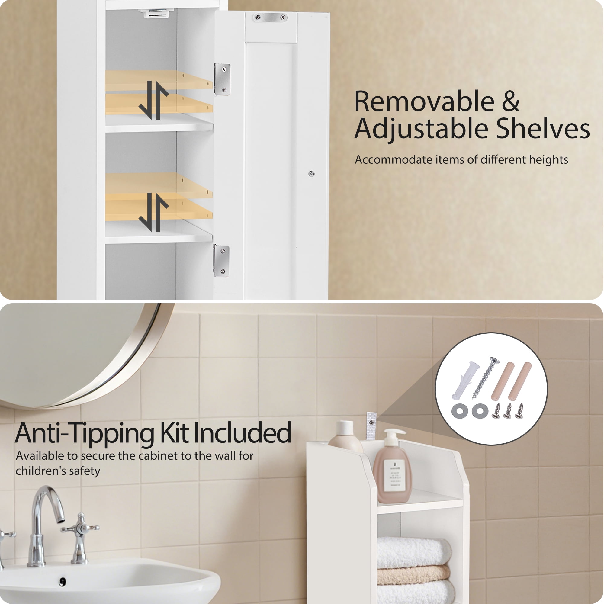 HomGarden 5-Shelf Narrow Corner Bathroom Cabinet Small Storage Organizer W/Adjustable Shelves for Bathroom, Living Room, Small Spaces, White
