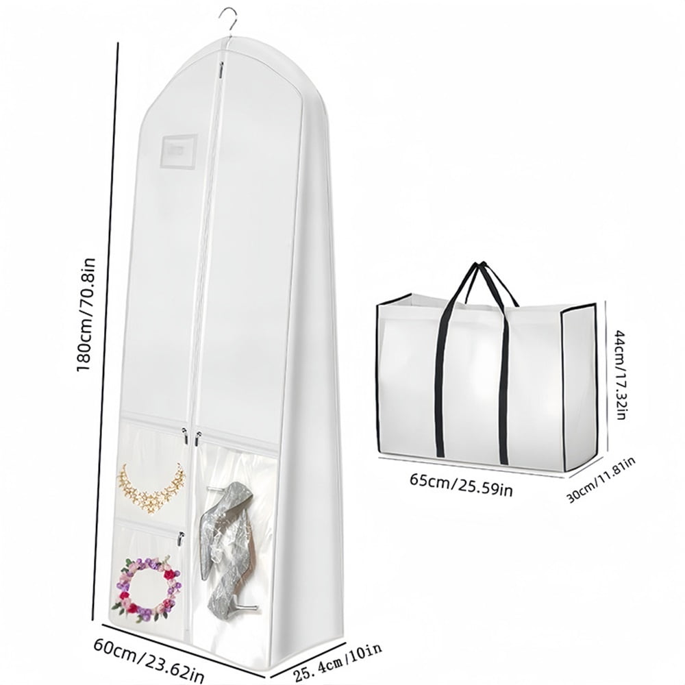 Portable 70" Wedding Dress Garment Bag with Bride Tote Bag 8'' Gusseted Dress Bags for Gowns Long Dress Cover for Women, White