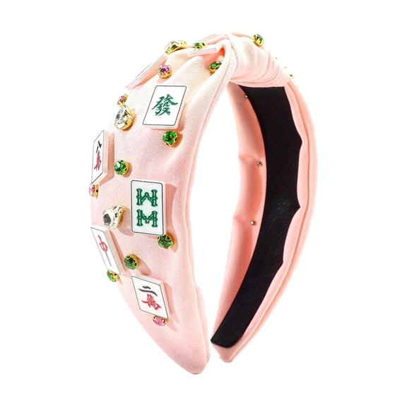 Mahjong Headband for Women, Pink Fabric Cute Plush Hair Band with Rhinestones & Mahjong Card Charms, Adjustable Plaid Hair for Daily Wear, Parties & Festivals