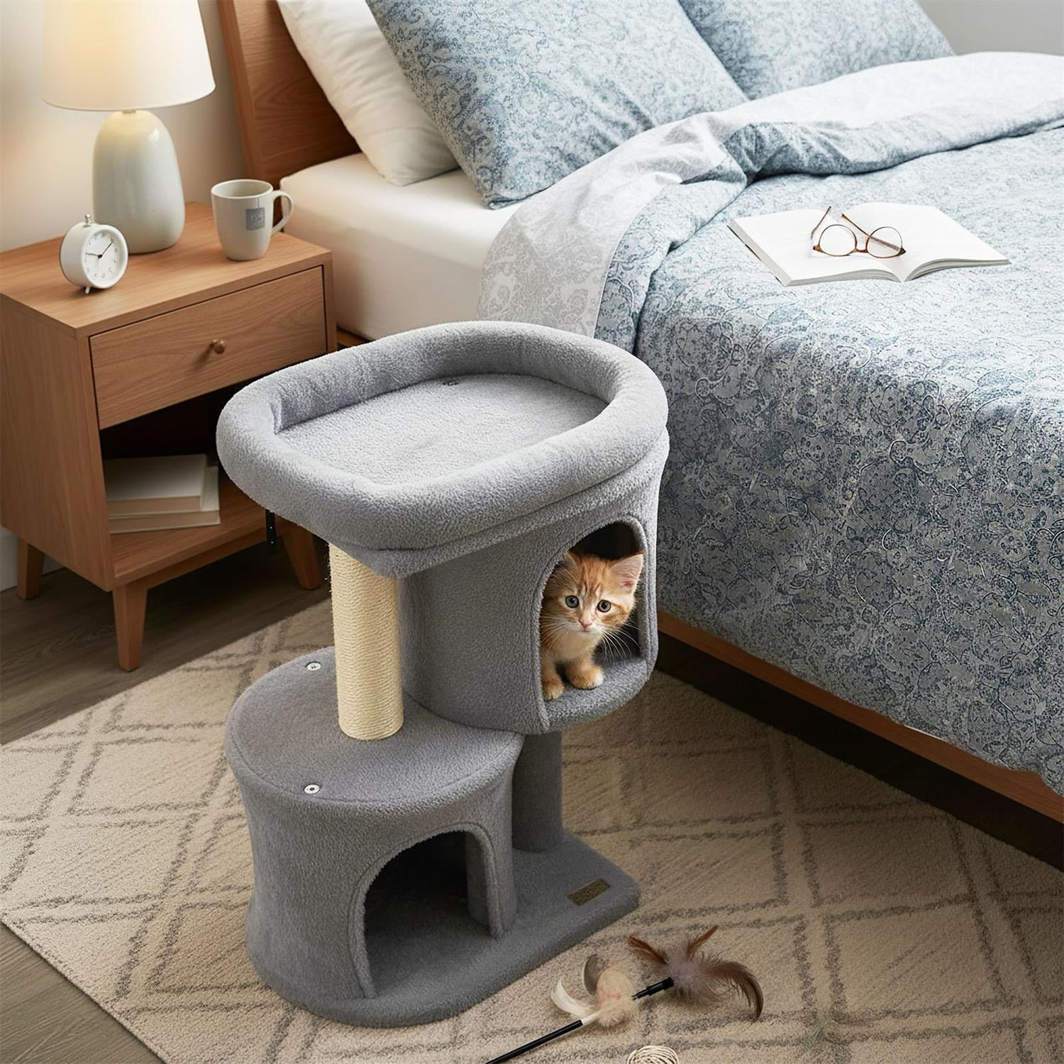Pefilos 26" Cat Tower, Large Padded Perch & Dual Condos, Sisal Scratching Post & Anti-Toppling, Light Gray