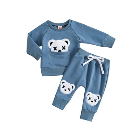 

Infant Baby Boys 2PCS Pants Sets Long Sleeve Bear Embroidery Pullover and Drawstring Pants