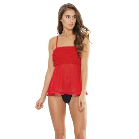 

Womens Stretchy Mesh Ruffle Bust Adjustable Babydoll Top Lingerie