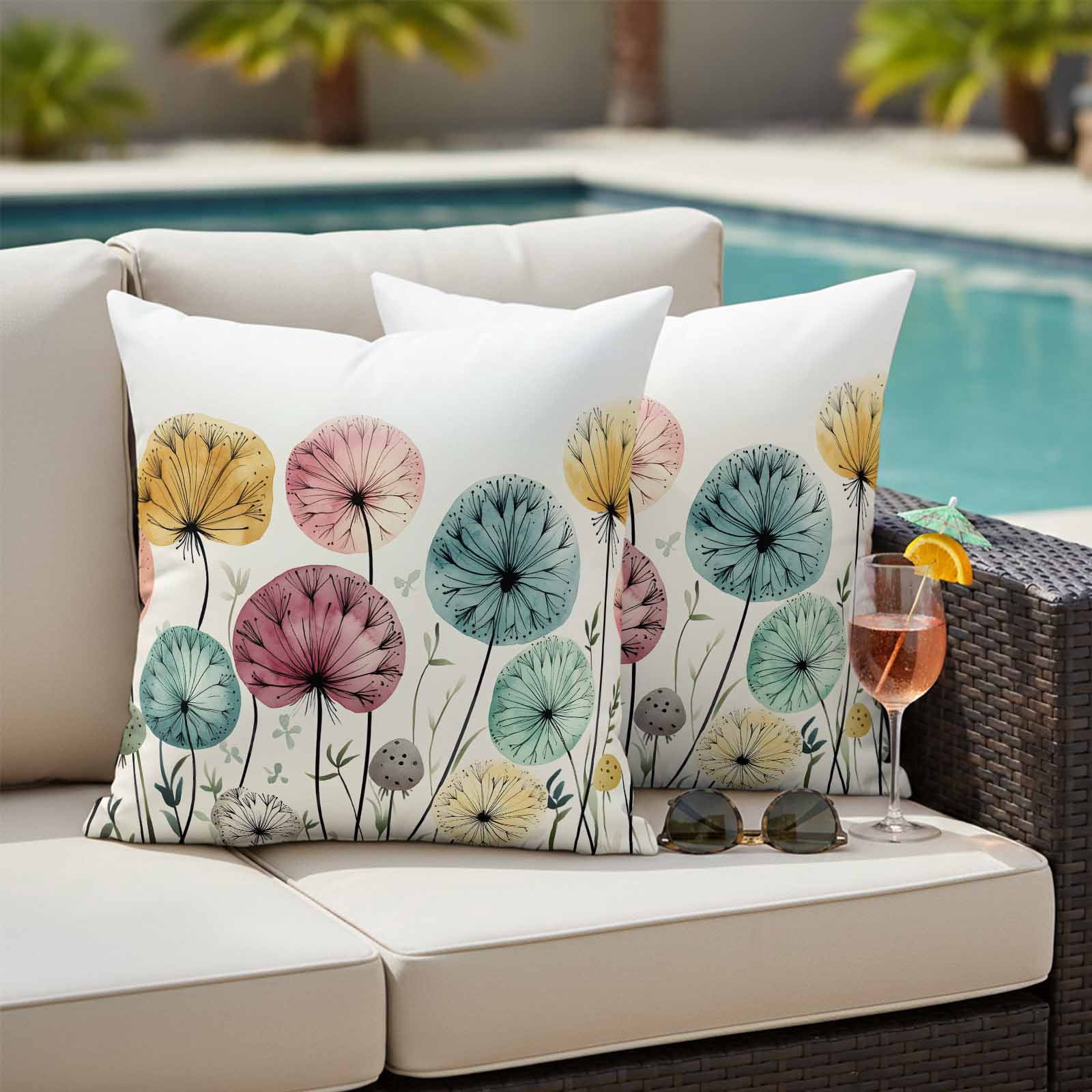 Spring Floral Outdoor Waterproof Pillow Covers, Modern Abstract Art Farmhouse Botanical Decorative Square Throw Pillowcase Sofa Cushion Sham for Patio/Couch/Chair, 20"x20" 2 Pack