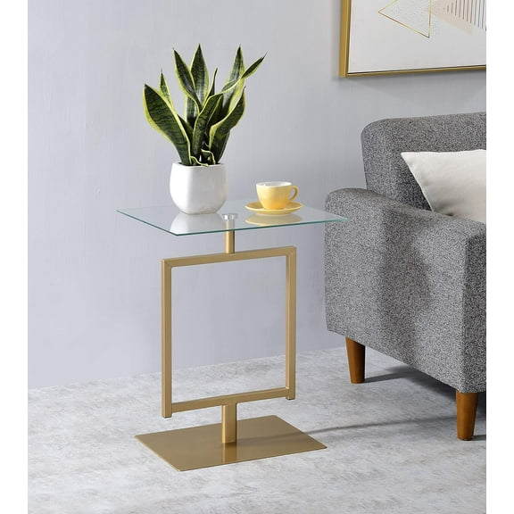 YANG2 -Side Table - Gold Metal Base and Tempered Glass Top - Rectangle Pedestal Table for Bedroom
