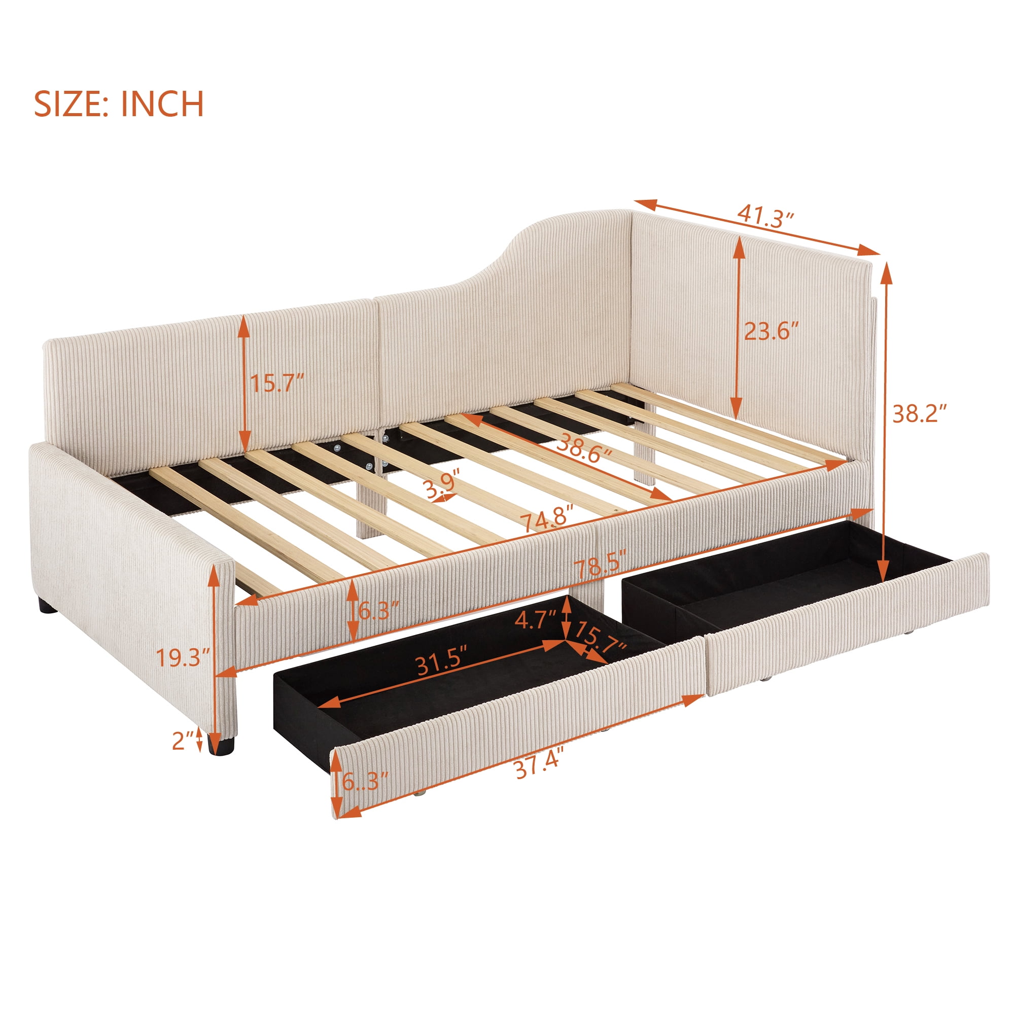 Euroco Upholstered Twin Size Daybed, Sofa Bed with 2 Drawers for Living Room, Beige
