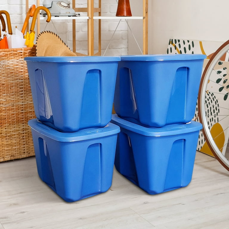 Homz 18 Gallon Storage Container, Blue Base and Lid, Set of 4