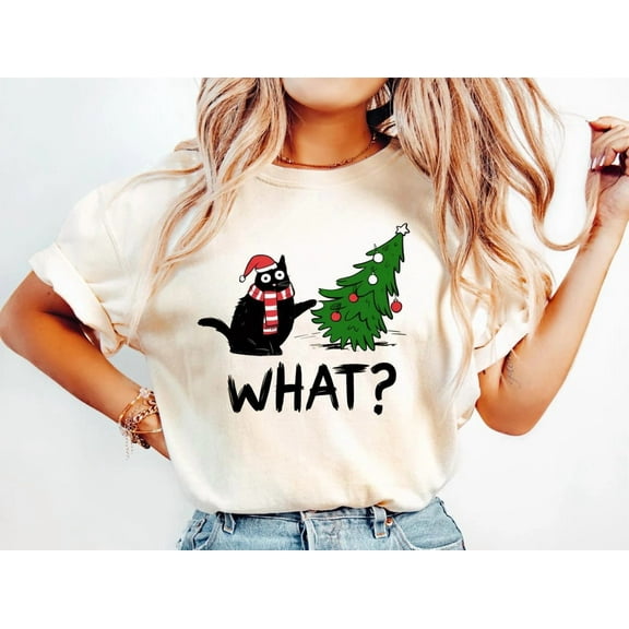 Funny Cat Christmas Shirt What? Christmas Tree Knocked Over Tee Cute Holiday Cat Lover T-Shirt