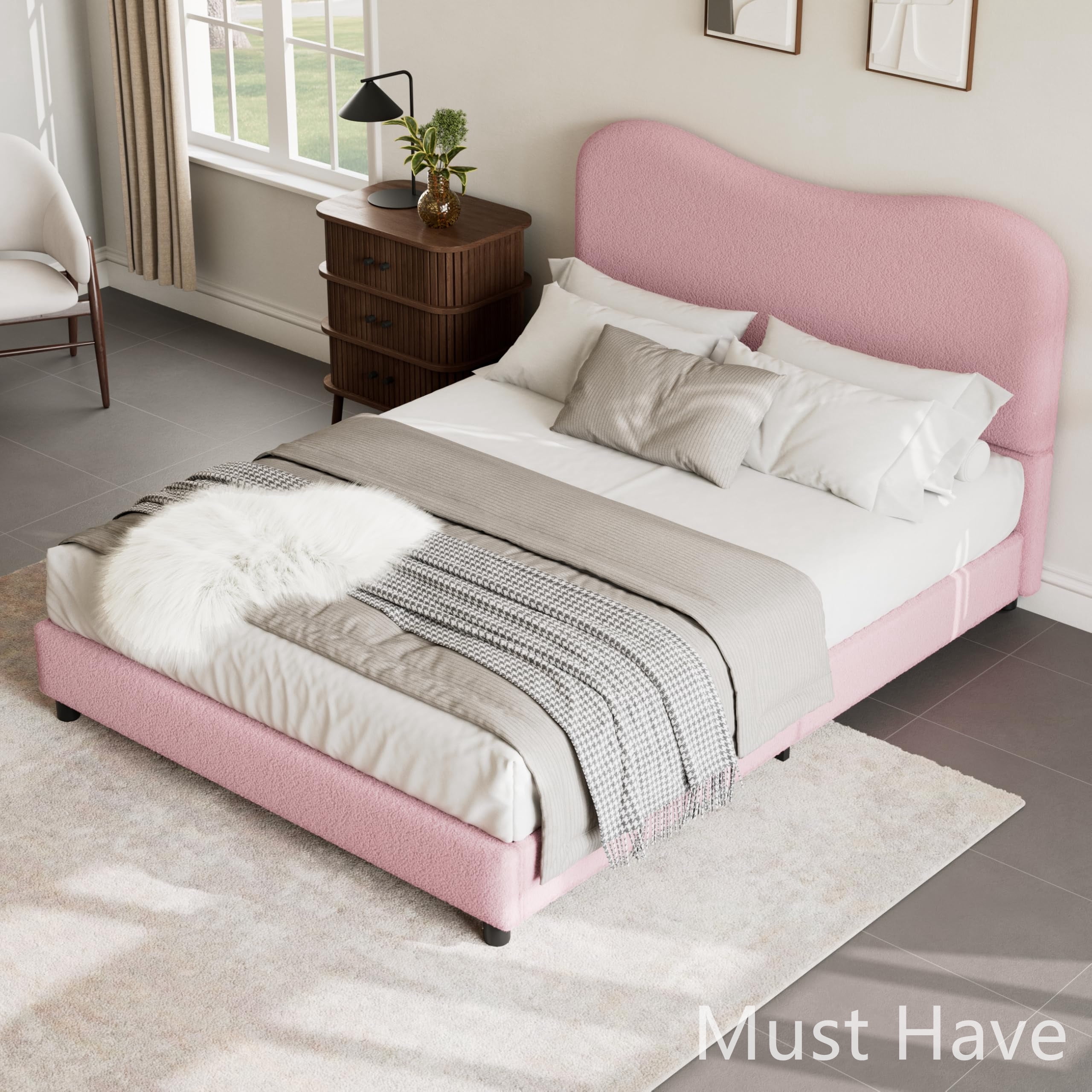 Jojoka Modern Full Bed Frame Upholstered in Soft Boucle Fabric, Sturdy Wooden Slats, No Gap Headboard, Easy Assembly, No Box Spring Needed, Pink