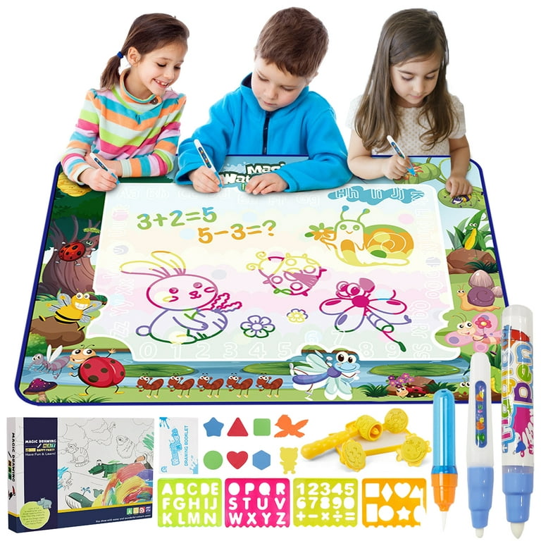 Channie's Reusable Dino Magic Water Mat for Toddlers 3+ Years - Aqua Drawing Mat with Water Pens, Stamps, Number Stencil, and Drawing Booklet - Mess