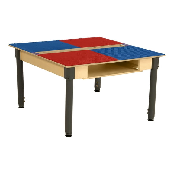 Time-2-Play Kids Montessori Lego Compatible Building Blocks Table with 35" Square Red & Blue Birch Plywood Table Top with Trough & Shelf [18”-29” Adjustable Legs]