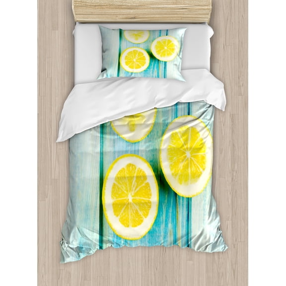 Yellow and Blue Duvet Cover Set, Juicy Lemon Slices on Old Wooden Planks Porch Summer Refreshing Image, Decorative 2 Piece Bedding Set with 1 Pillow Shams, Twin Size, Yellow Sky Blue, by Ambesonne