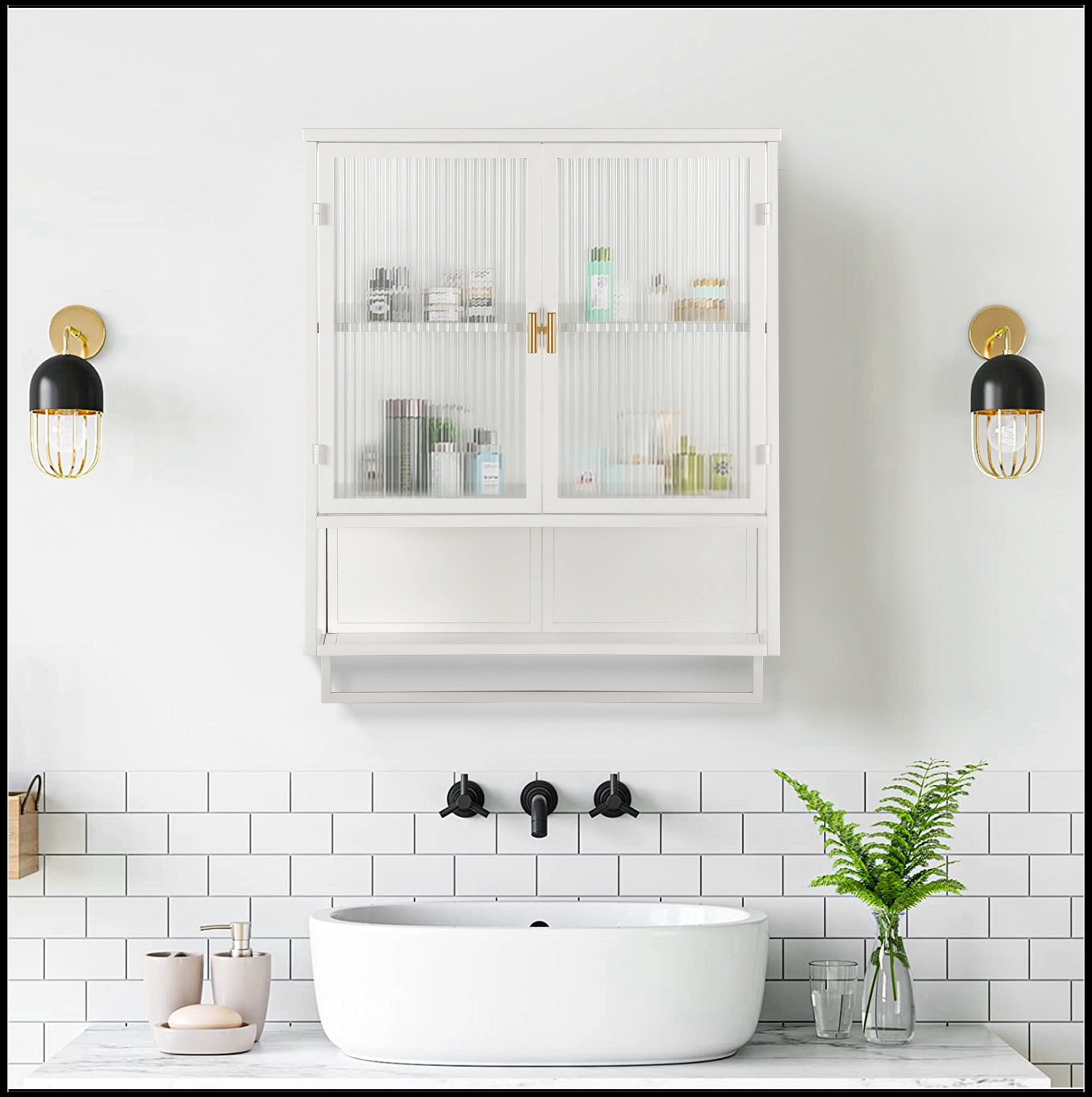 23.62"Glass Doors Modern Two-door Wall Cabinet with Featuring Two-tier Enclosed Storage, an Open Shelf, and Towel Rack, for Entryway Living Room Bathroom Dining Room